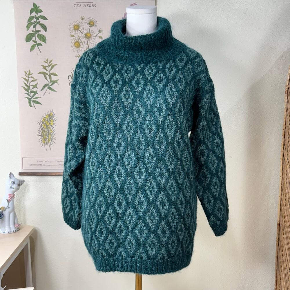 Vintage Diamond Oversized Mohair Turtleneck Sweater Retro Grandma Whimsigoth M